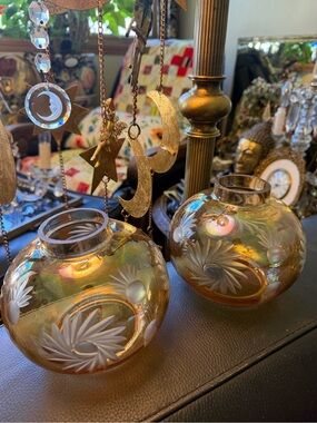 Vintage Pair vintage amber/marigold glass globe or ball shade Hurricane Lamp